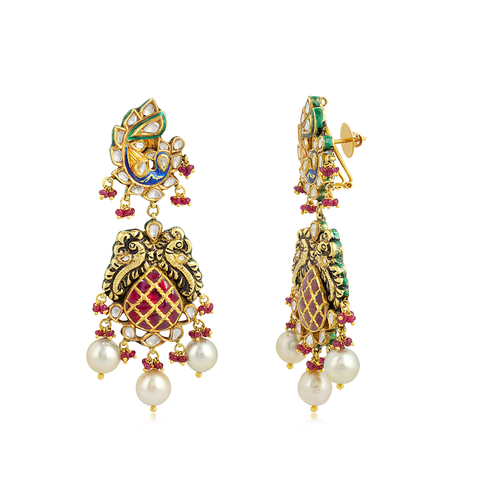Peacock Stud Earrings with Polki, Ruby Talafs, and Pearls